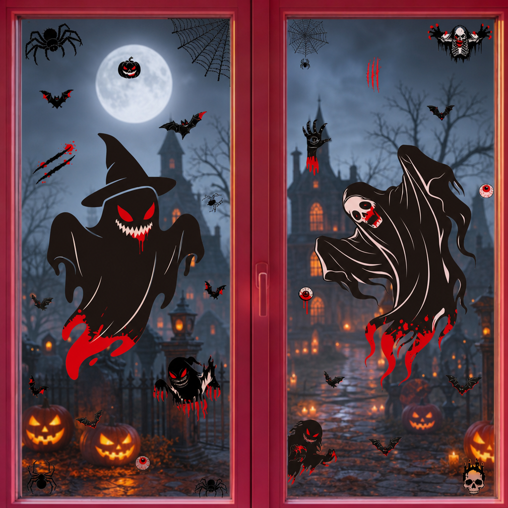 Halloween Horror Window Stickers – Pumpkin Skull Grim Reaper Scythe Glass Decals