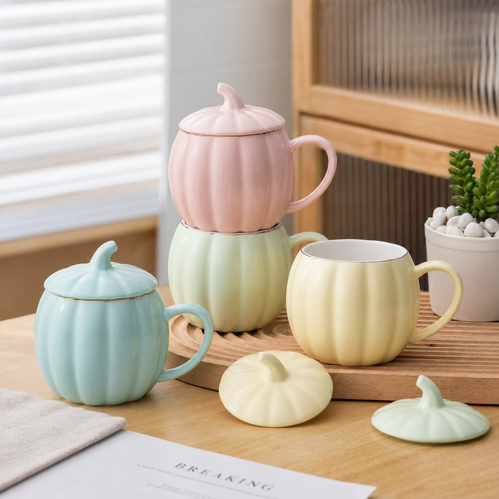 Cute Pumpkin Ceramic Mug with Lid – Creative Halloween Coffee Cup