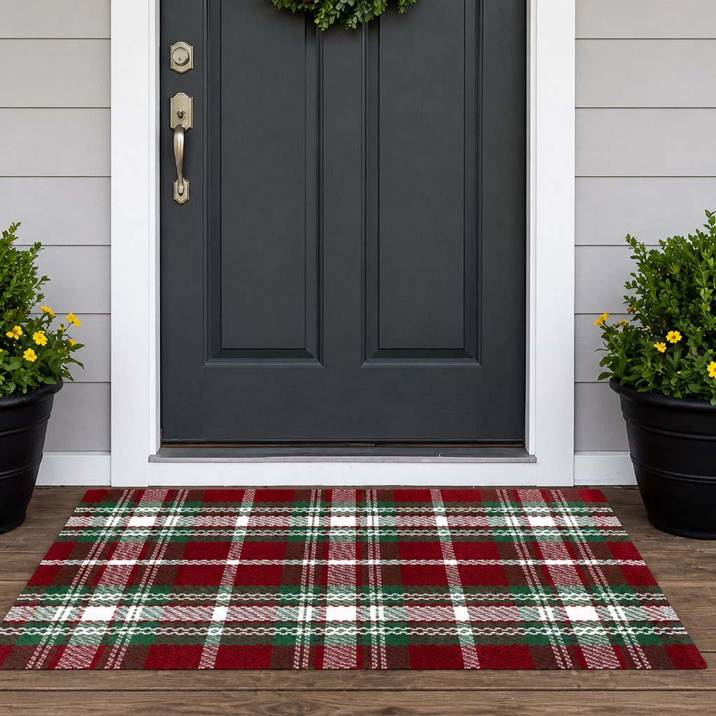 Christmas Cotton Linen Woven Doormat Red White Plaid Holiday Entryway Rug