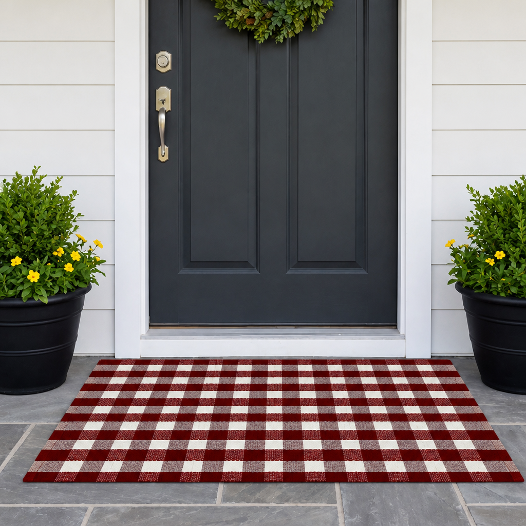 Christmas Cotton Linen Woven Doormat Red White Plaid Holiday Entryway Rug