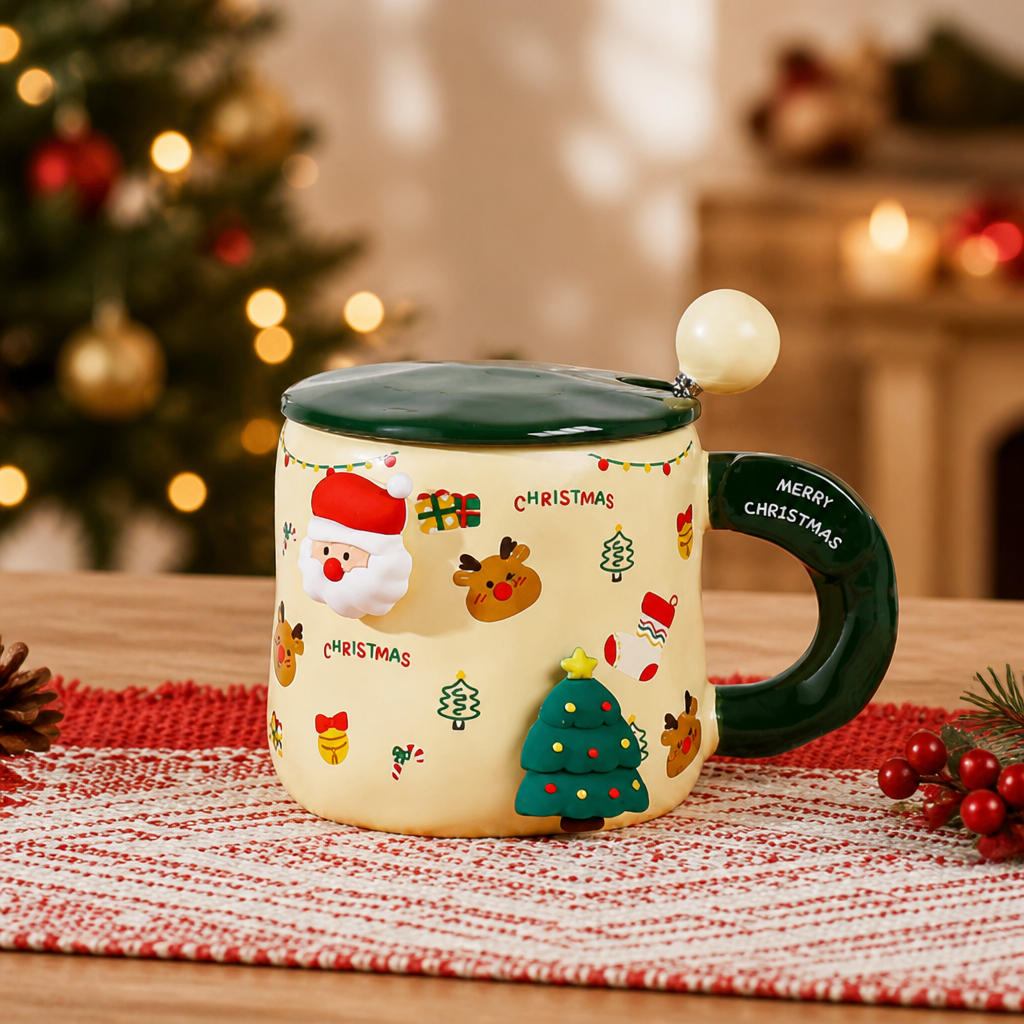 Christmas Ceramic Magnetic Mug with Lid and Spoon 400ml Holiday Gift Cup