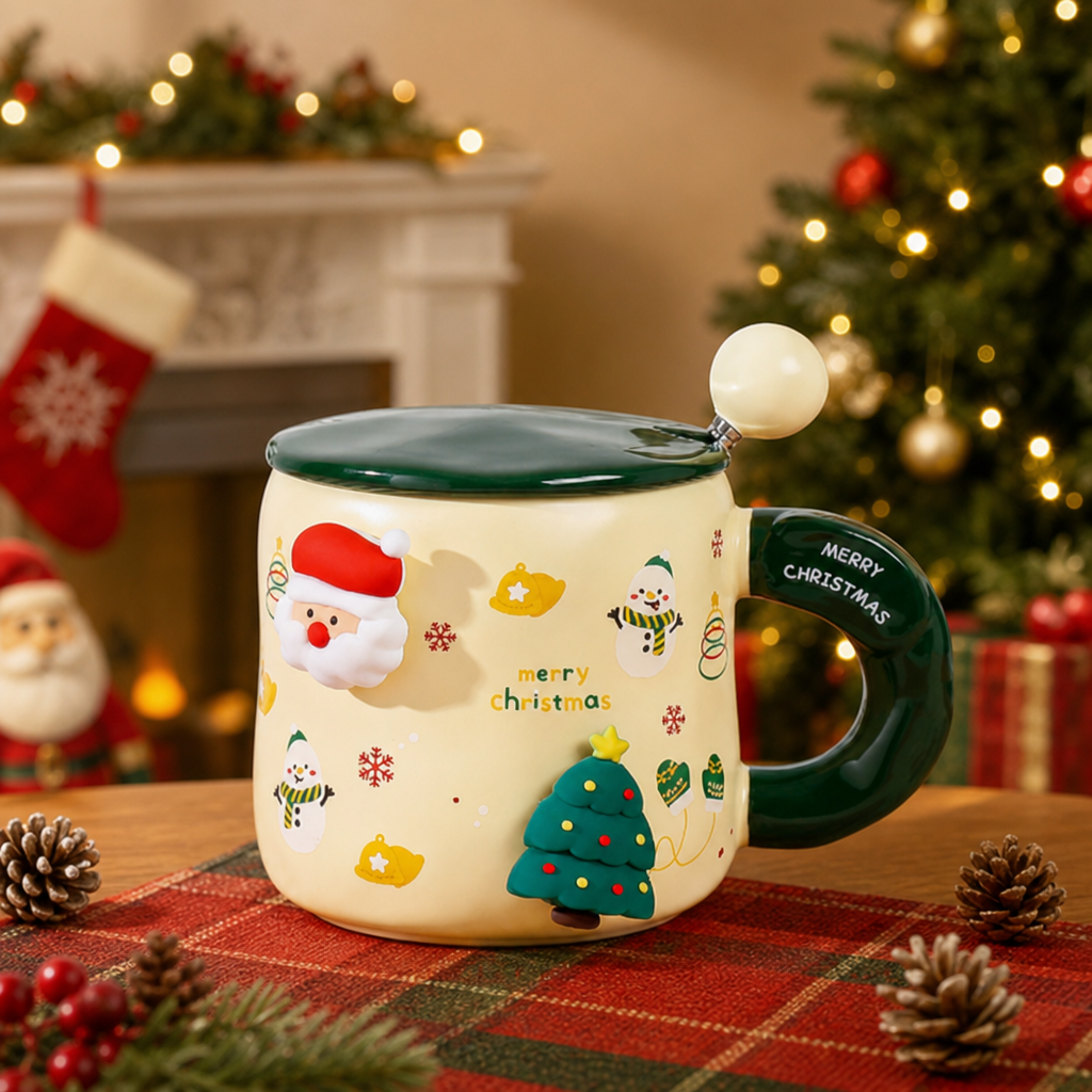 Christmas Ceramic Magnetic Mug with Lid and Spoon 400ml Holiday Gift Cup