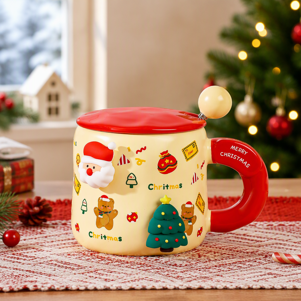Christmas Ceramic Magnetic Mug with Lid and Spoon 400ml Holiday Gift Cup