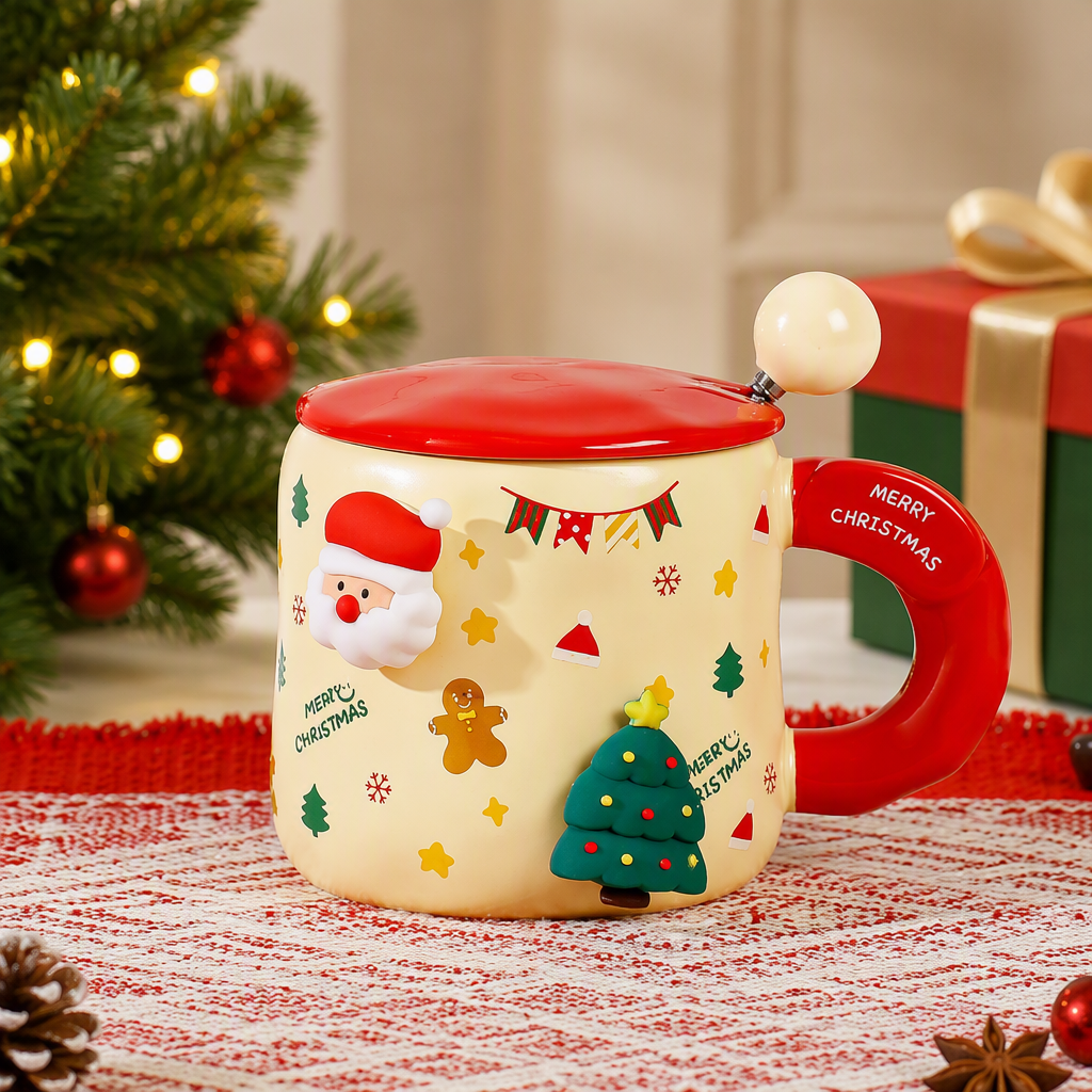 Christmas Ceramic Magnetic Mug with Lid and Spoon 400ml Holiday Gift Cup