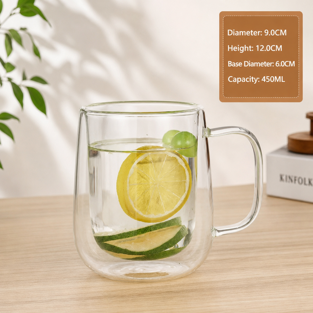 Double Wall Borosilicate Glass Mug with Handle Heat Resistant Drinking Cup