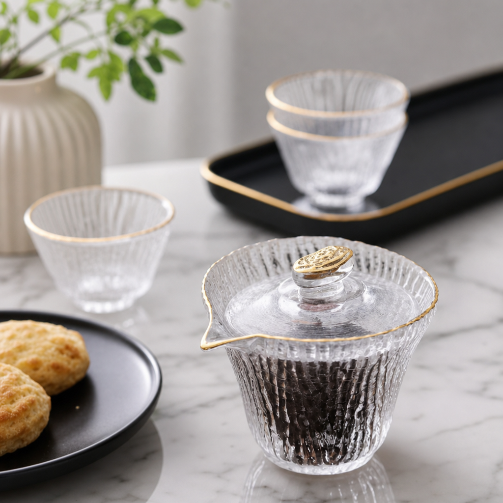 Hammered Glass Gaiwan – Textured Glass Tea Cup with Lid