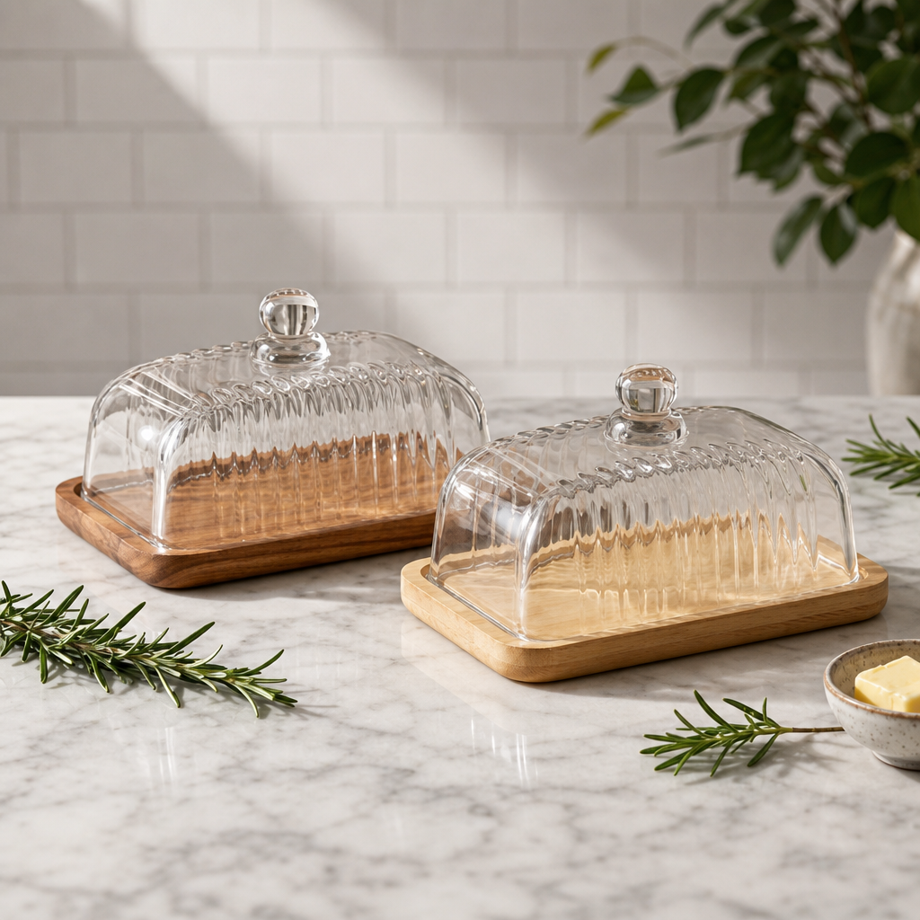 Wooden Square Cake Tray with Glass Dome