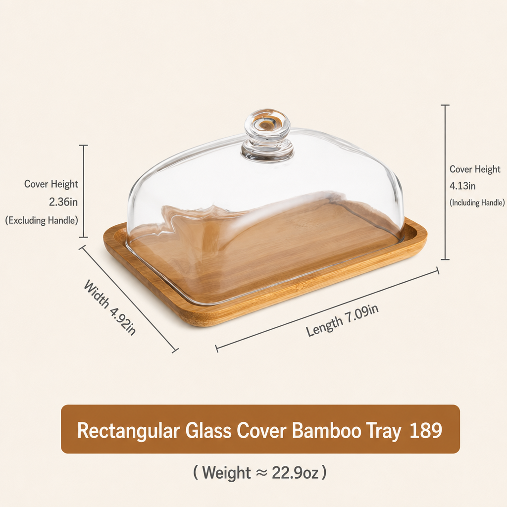 Wooden Square Cake Tray with Glass Dome