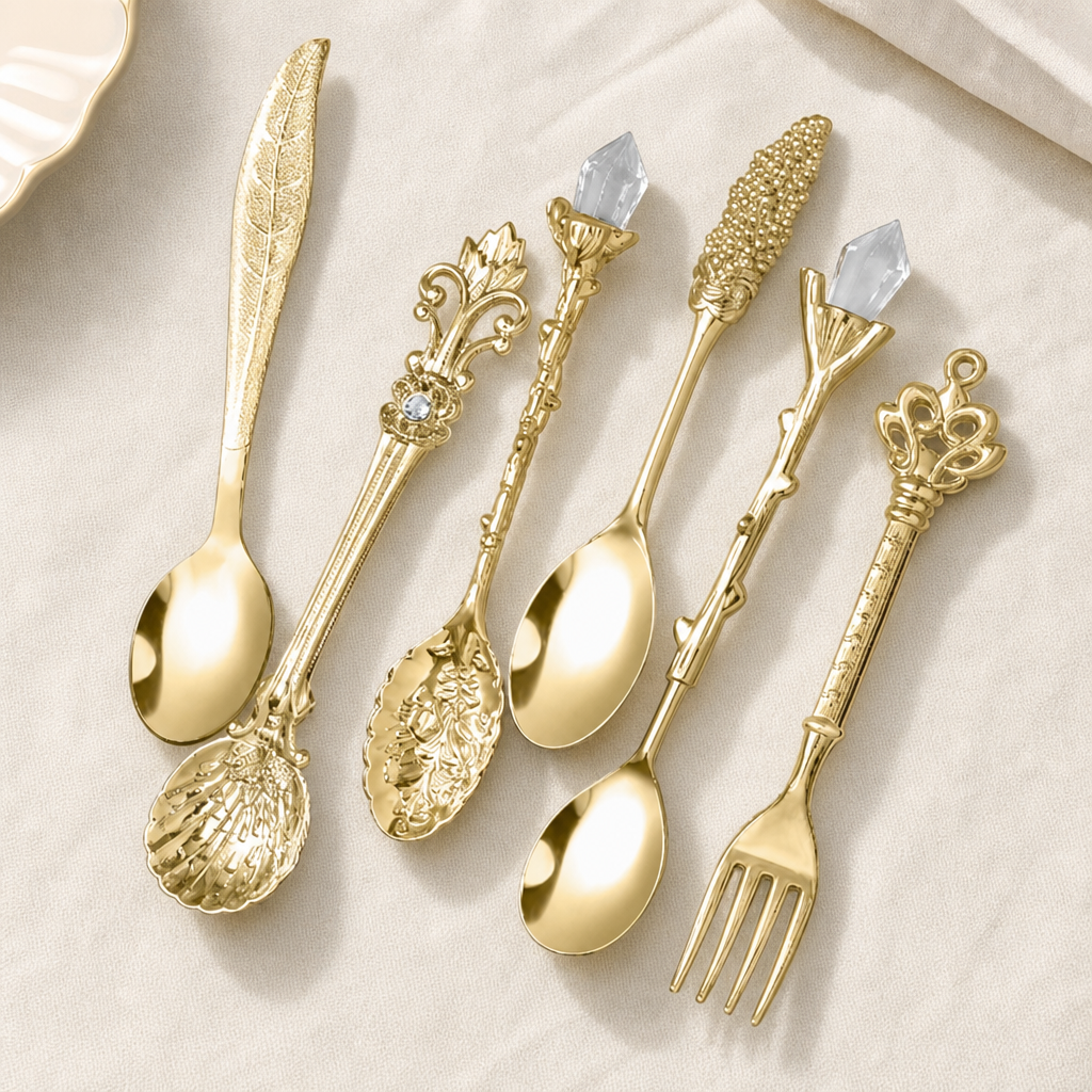 Vintage Engraved Coffee Spoons – 6-Piece Zinc Alloy Crystal Leaf Spoon Set