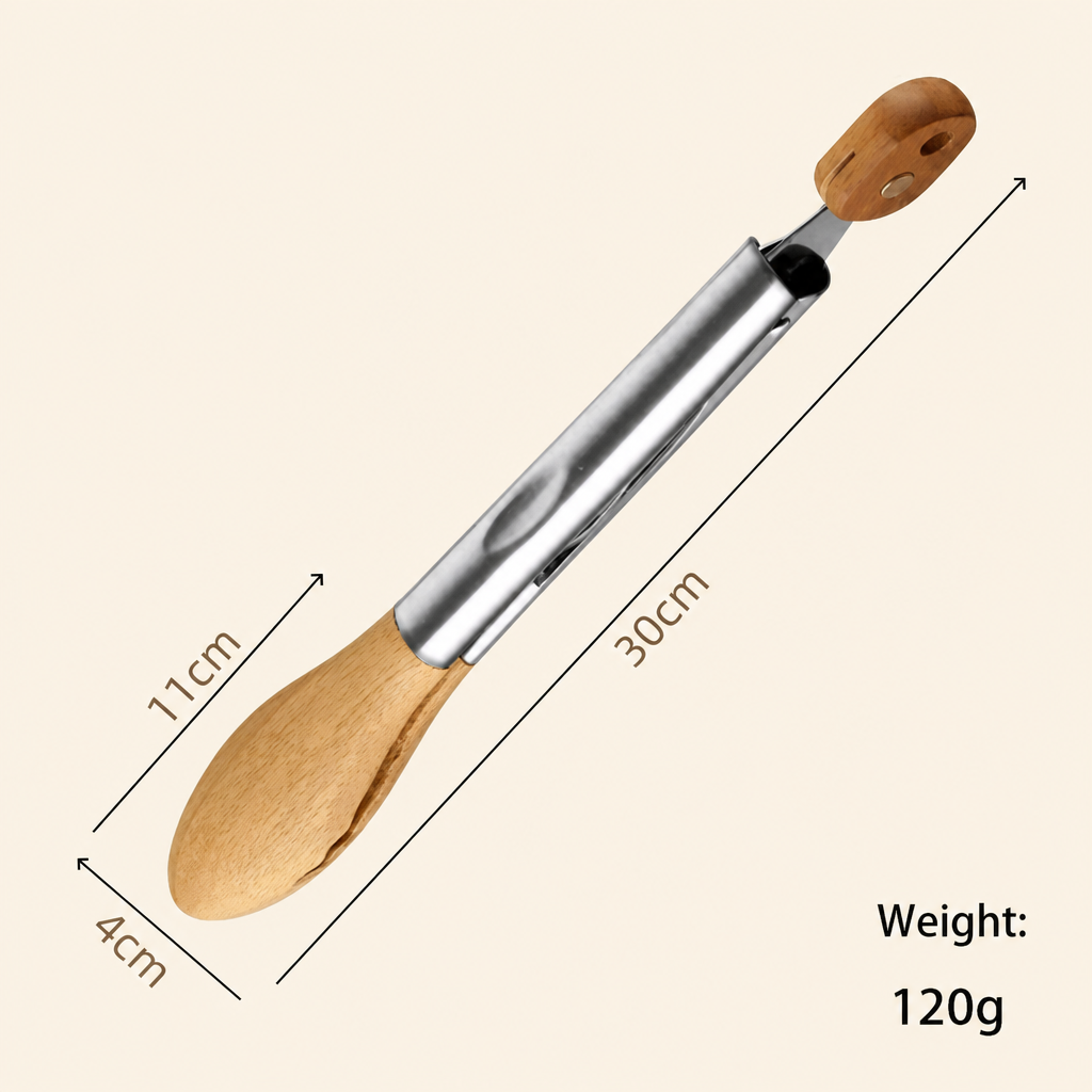 Walnut Wood Food Tongs Stainless Steel Kitchen Serving Tongs