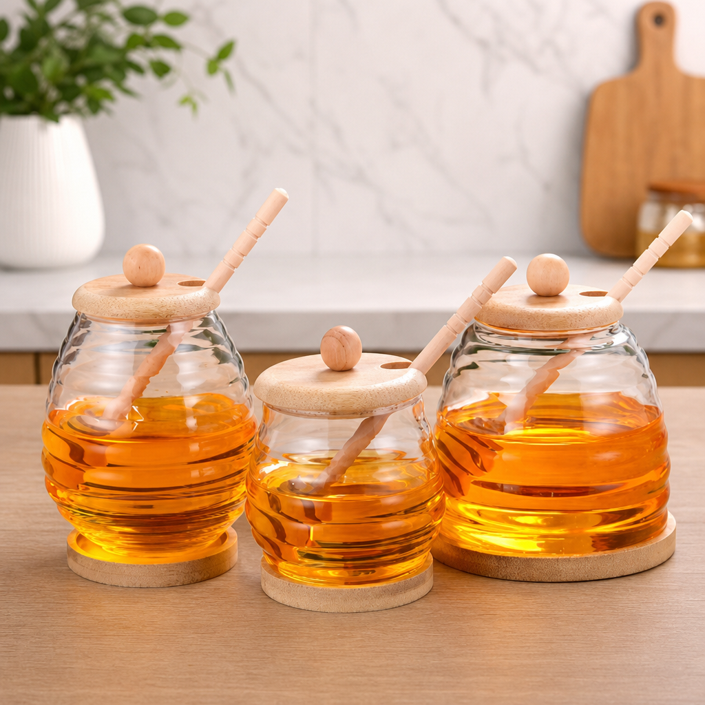 Honeycomb Glass Honey Jar with Lid and Stirring Stick