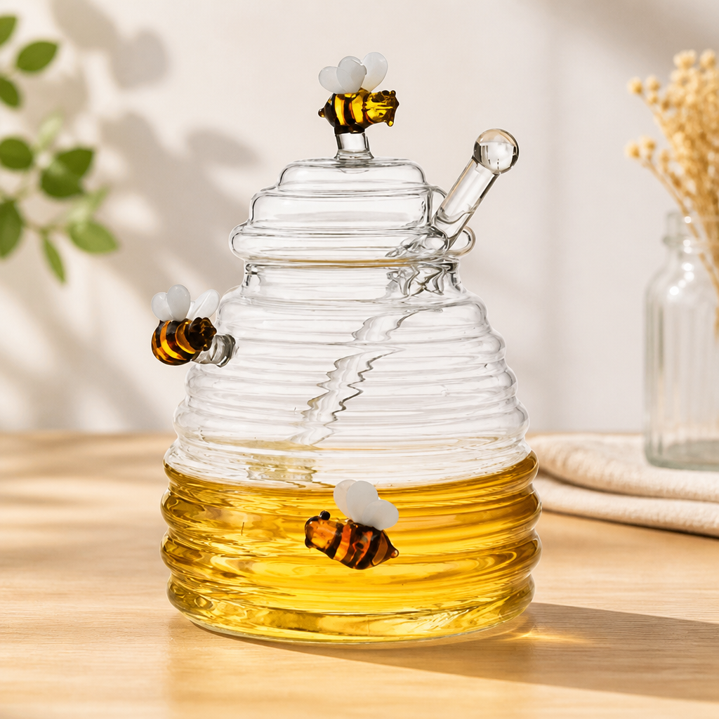Honeycomb Glass Honey Jar with Lid and Stirring Stick