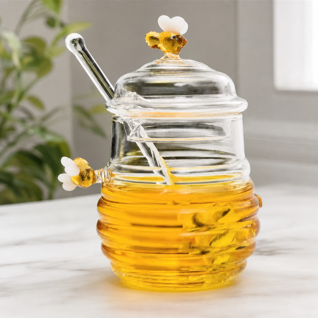 Honeycomb Glass Honey Jar with Lid and Stirring Stick