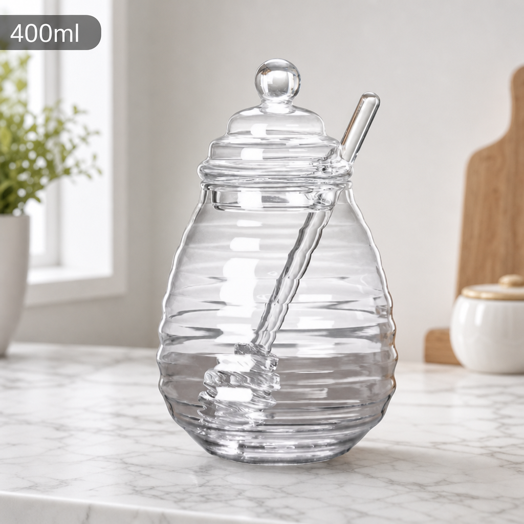 Honeycomb Glass Honey Jar with Lid and Stirring Stick