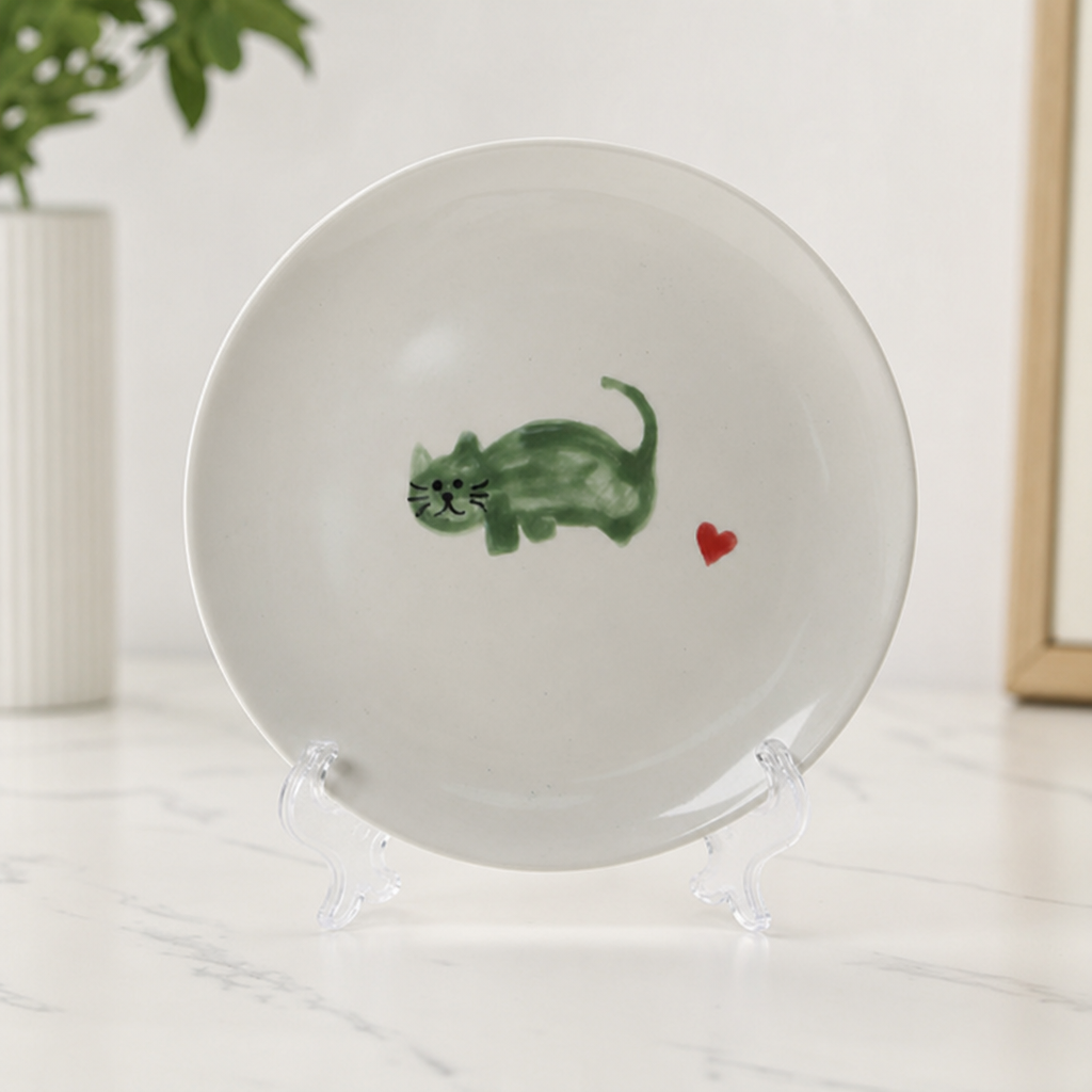 Hand-Painted Green Cat Ceramic Mug and Plate