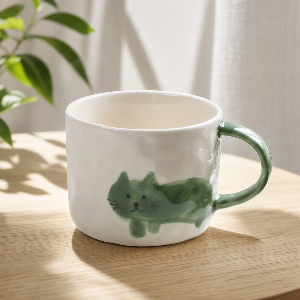 Hand-Painted Green Cat Ceramic Mug and Plate