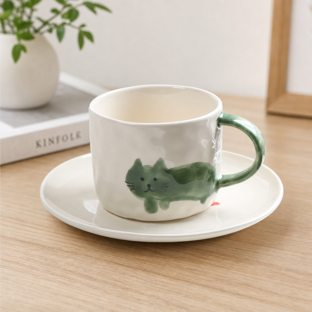 Hand-Painted Green Cat Ceramic Mug and Plate