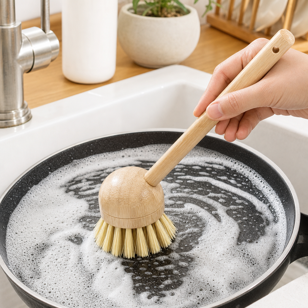 Bamboo Dish Cleaning Brush – Long Handle Sisal Bristle Scrubber