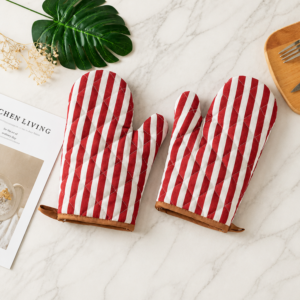 Thick Quilted Oven Mitts Heat Resistant Cotton Linen Baking Gloves