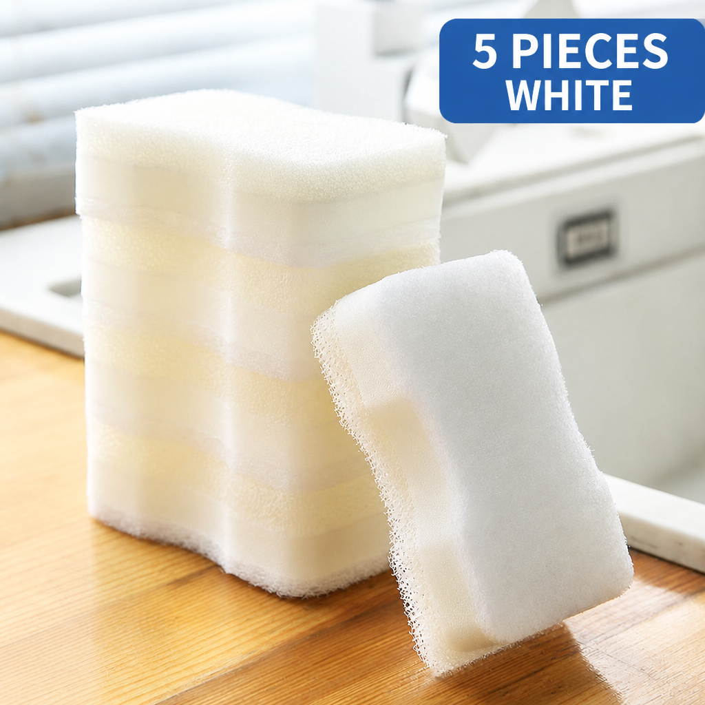 White Cleaning Sponges – 5-Pack Rectangular Household Cleaning Pads for Kitchen and Bathroom