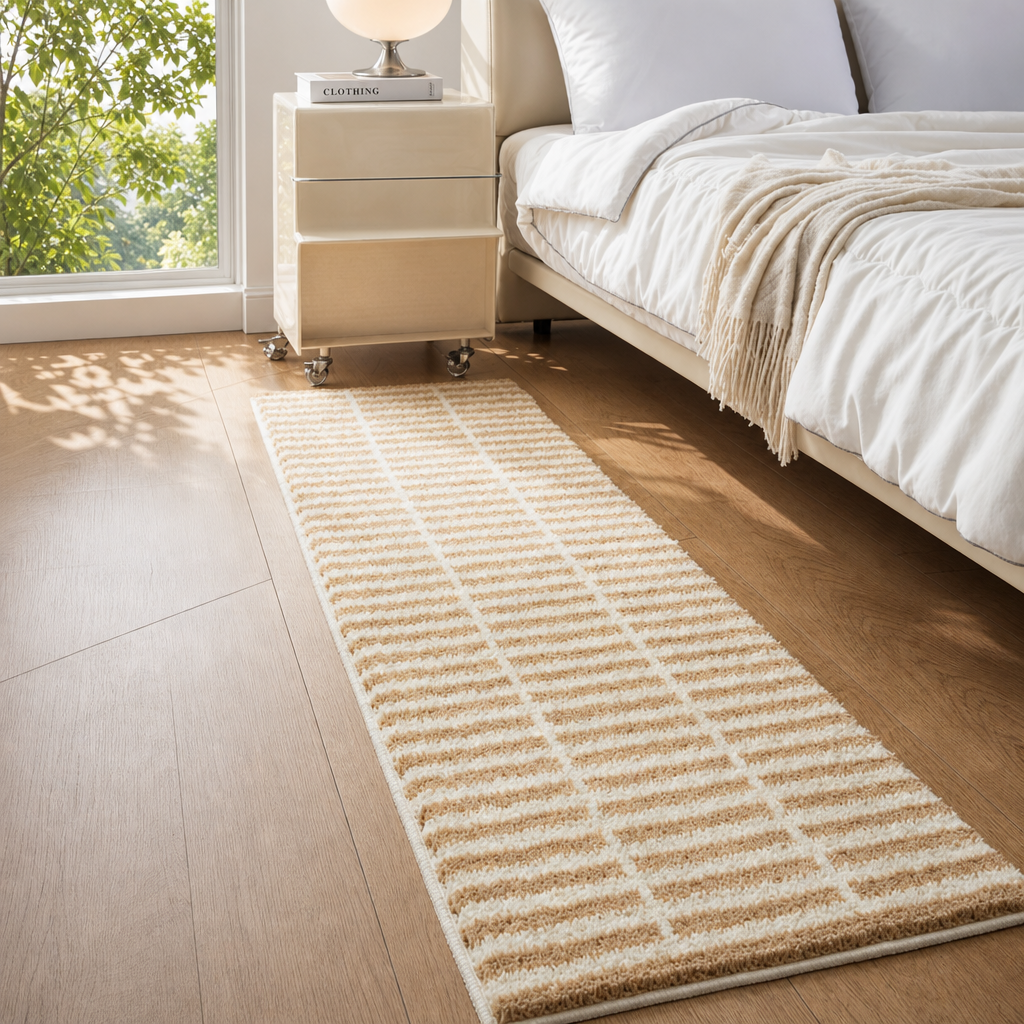 Plaid Flocked Bedside Rug Soft Non-Slip Bedroom Floor Mat