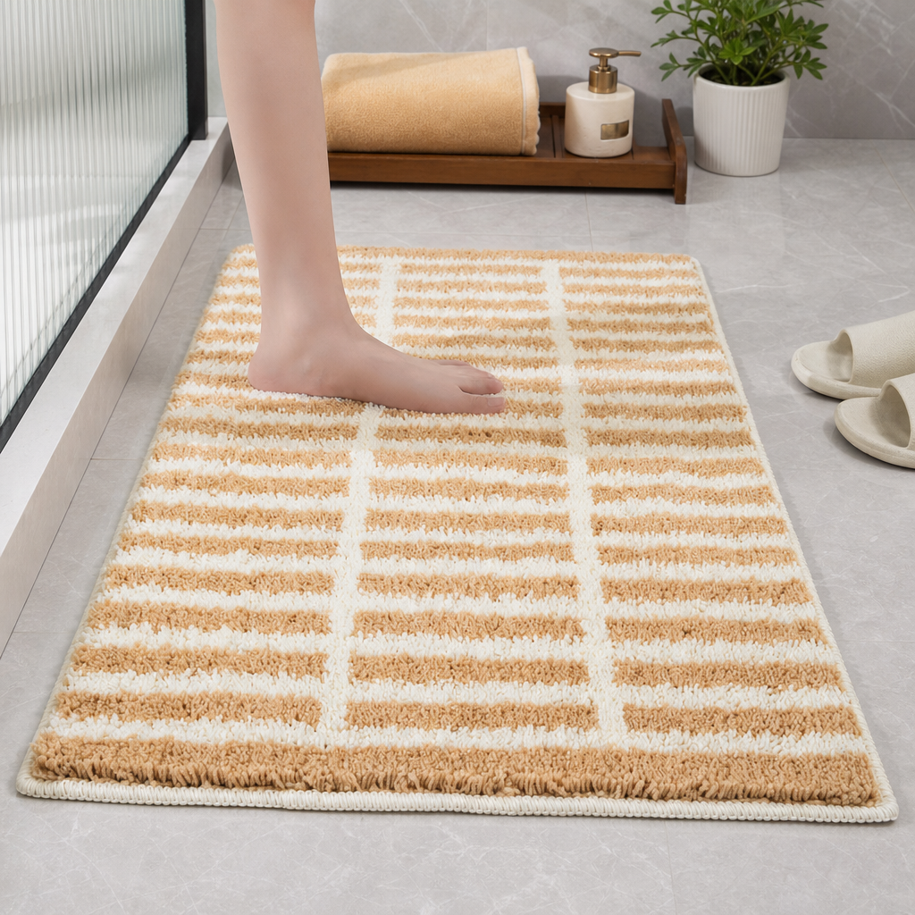 Plaid Flocked Bedside Rug Soft Non-Slip Bedroom Floor Mat