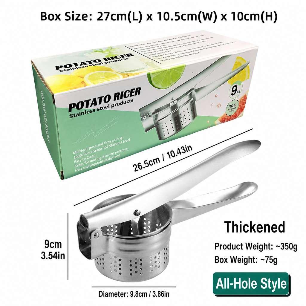 Heavy Duty Stainless Steel Potato Ricer – Manual Masher Press with Full Perforated Basket