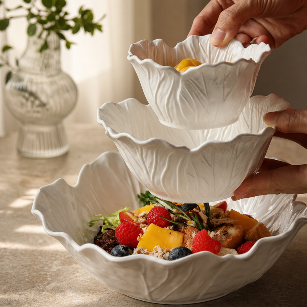 White Ceramic Flower Bowl Embossed Cabbage Design Deep Serving Bowl