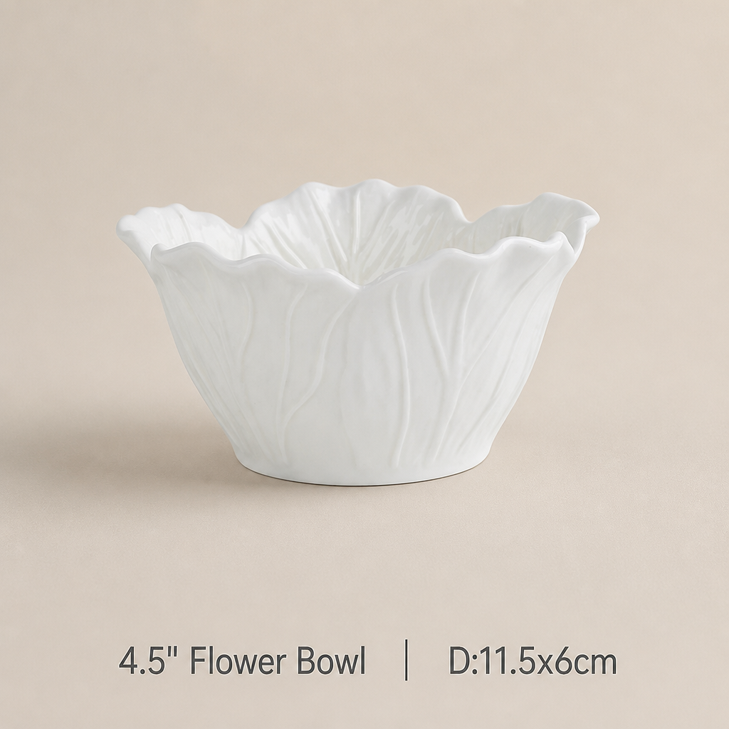 White Ceramic Flower Bowl Embossed Cabbage Design Deep Serving Bowl
