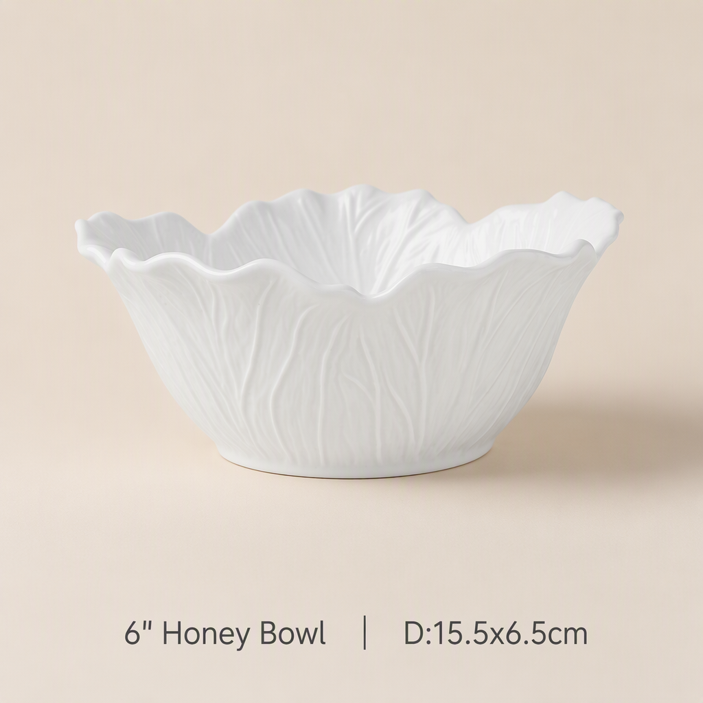 White Ceramic Flower Bowl Embossed Cabbage Design Deep Serving Bowl