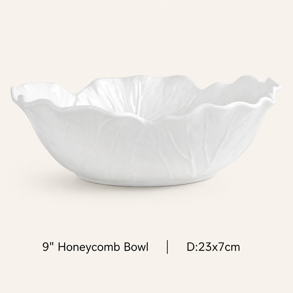 White Ceramic Flower Bowl Embossed Cabbage Design Deep Serving Bowl
