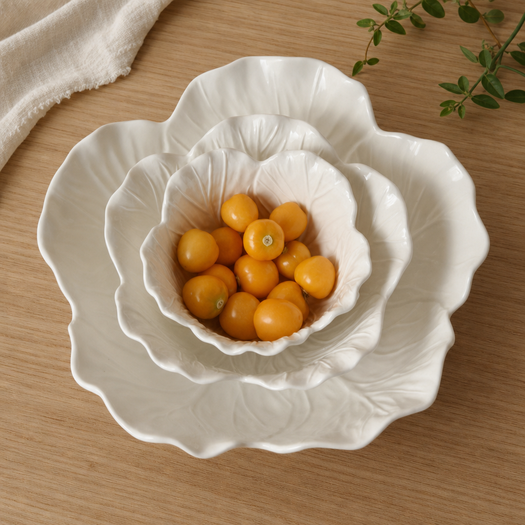 White Ceramic Flower Bowl Embossed Cabbage Design Deep Serving Bowl