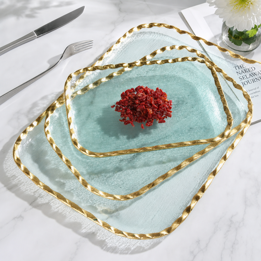 Rectangular Glass Serving Plate Gold Rim Snack Salad Plate with Base