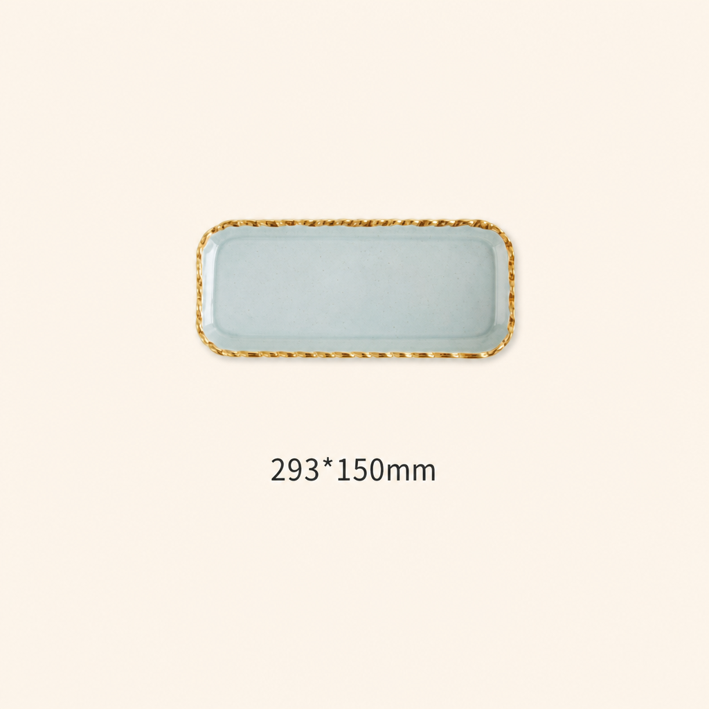 Rectangular Glass Serving Plate Gold Rim Snack Salad Plate with Base