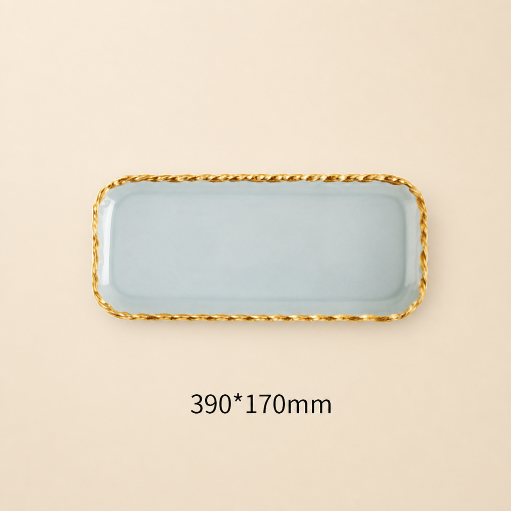 Rectangular Glass Serving Plate Gold Rim Snack Salad Plate with Base