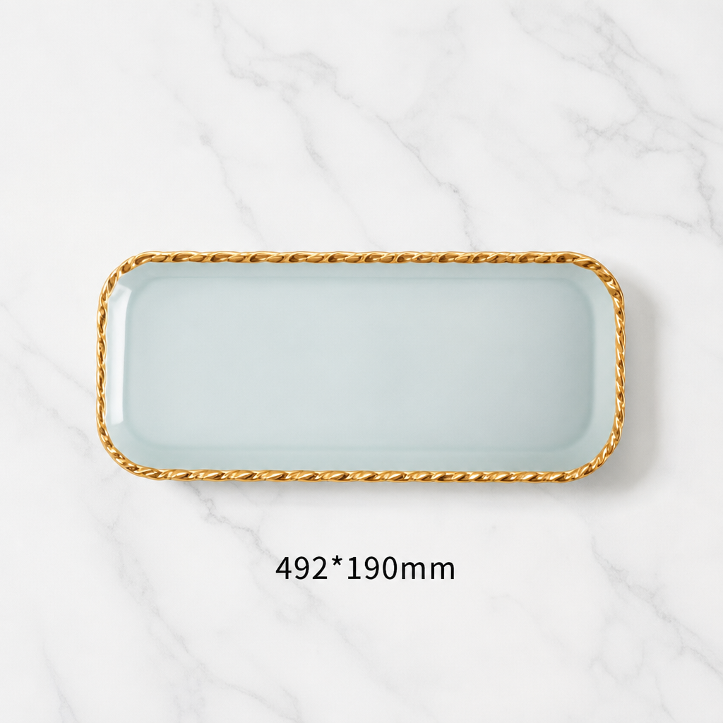 Rectangular Glass Serving Plate Gold Rim Snack Salad Plate with Base