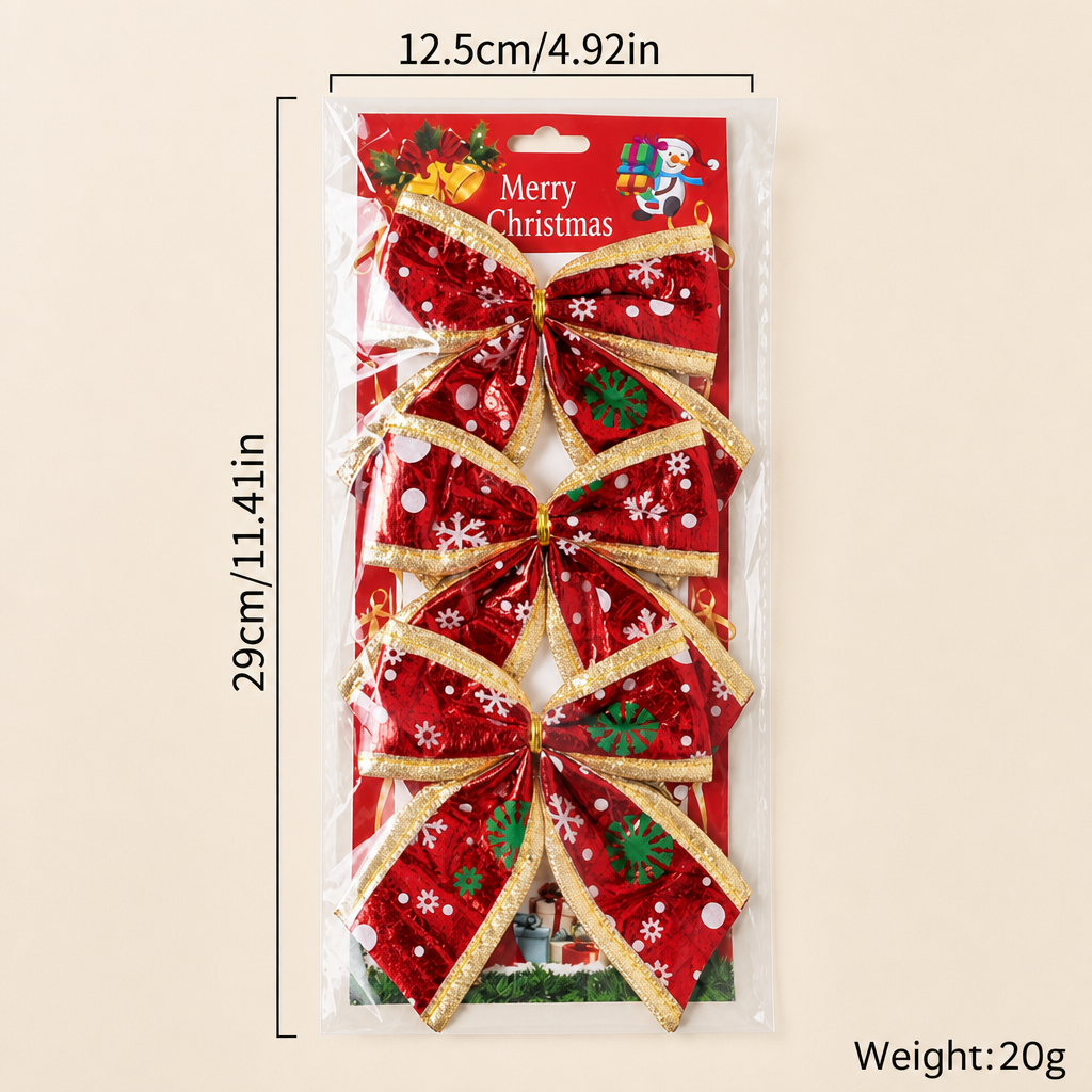 Christmas Glitter Bow Ornaments 3 Pieces