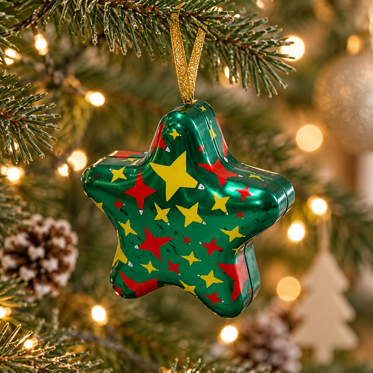 Christmas Tinplate Candy Box Ornament – Tree and Star Shaped Hanging Gift Tin