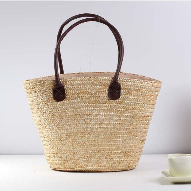 Embroidered Woven Straw Shoulder Bag – Medium Dumpling Shape Handbag with Zipper Closure