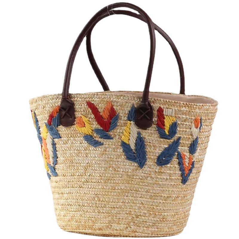 Embroidered Woven Straw Shoulder Bag – Medium Dumpling Shape Handbag with Zipper Closure