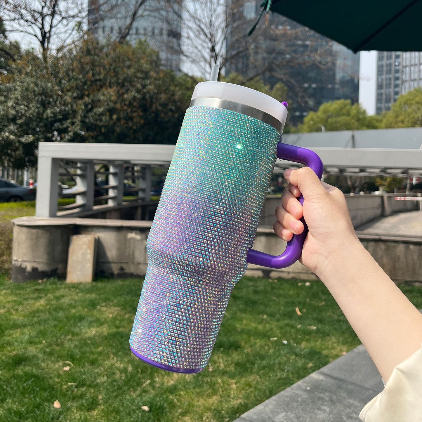 Gradient Rhinestone 40oz Stainless Steel Insulated Tumbler with Handle & Straw – Sparkling Color Fade Travel Mug