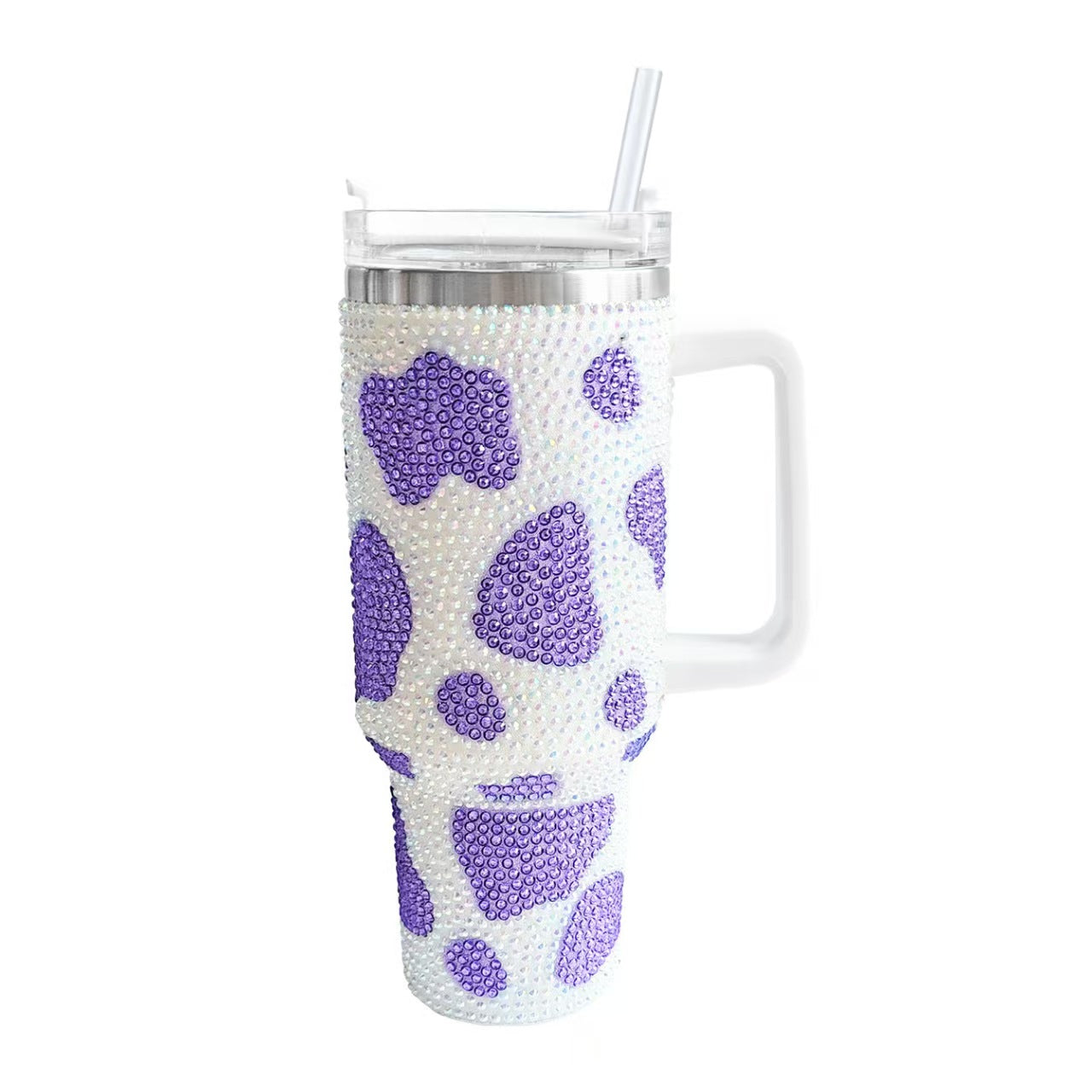 40oz Rhinestone Cow Print Insulated Stainless Steel Tumbler With Handle Large Capacity Travel Drink Mug