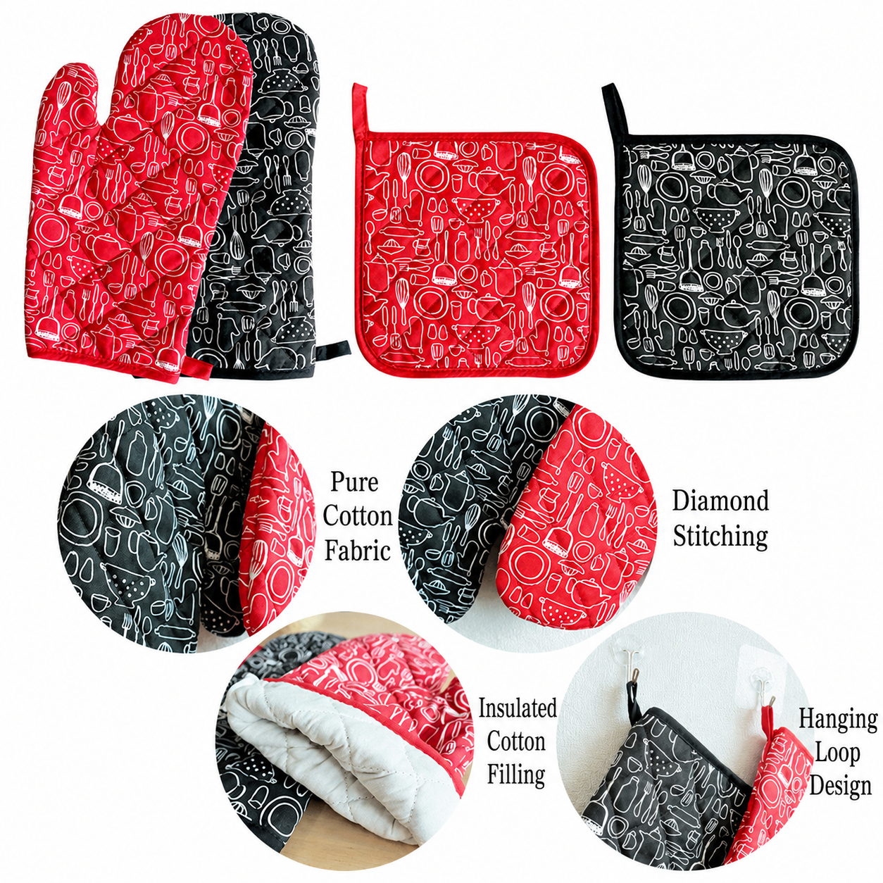 Kitchen Oven Mitt Set, Heat-Resistant Baking Gloves and Pads