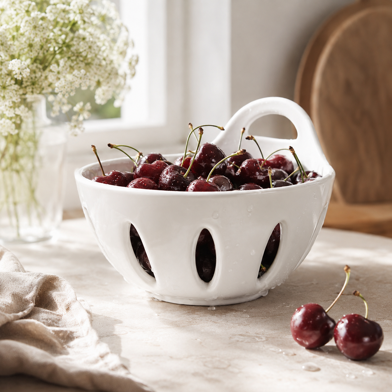 Porcelain Fruit & Vegetable Draining Bowl – Ceramic Colander Bowl with Handle for Kitchen Serving