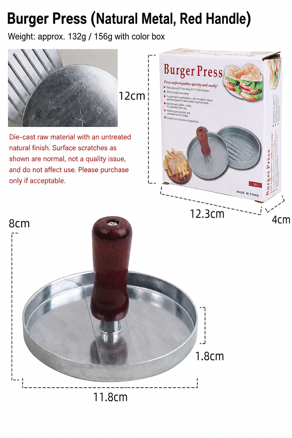 Hamburger Patty Press – Round Metal Burger Mold with Wooden Handle for Homemade Beef Patties, BBQ, Grill, Restaurant & Kitchen Use