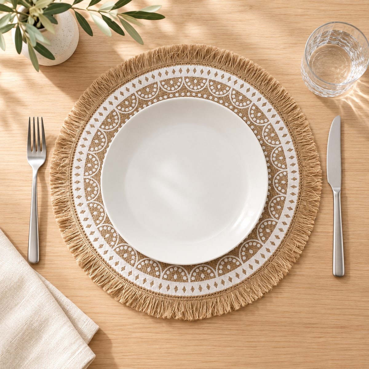 Boho Round Burlap Placemat with Fringe – 38cm Mandala Table Mat