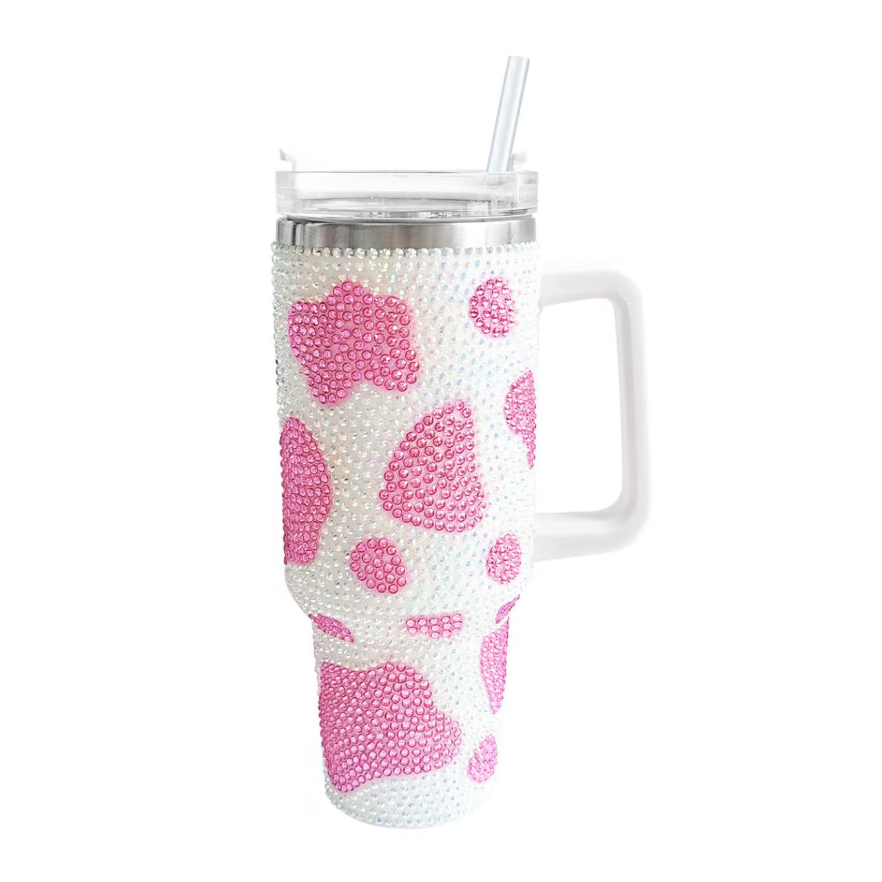 40oz Rhinestone Cow Print Insulated Stainless Steel Tumbler With Handle Large Capacity Travel Drink Mug