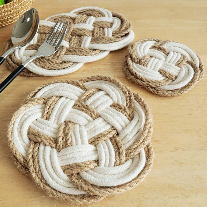 Handwoven Round Trivet, Cotton Linen Heat Resistant Table Mat & Coaster