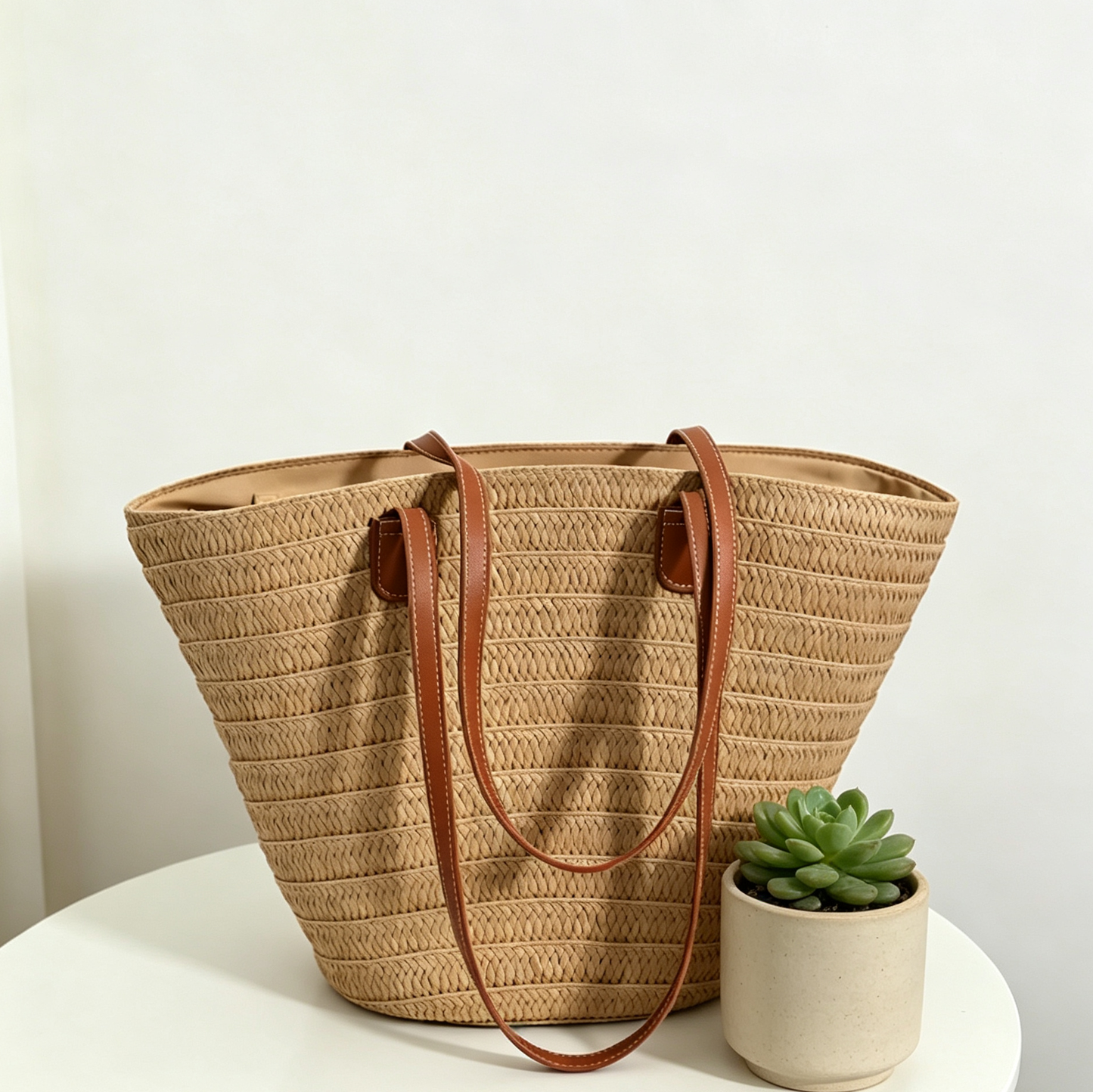 Woven Straw Tote Bag – Large Paper Rope Shoulder Bag with Zipper Closure for Daily Style