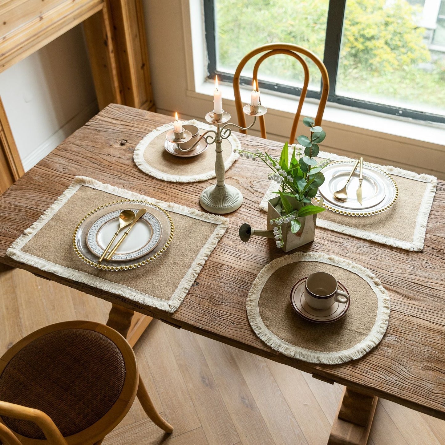 Farmhouse Vintage Jute Placemat with Tassels, Round Bowl Mat, Rectangular Heat Resistant Table Mat & Napkin